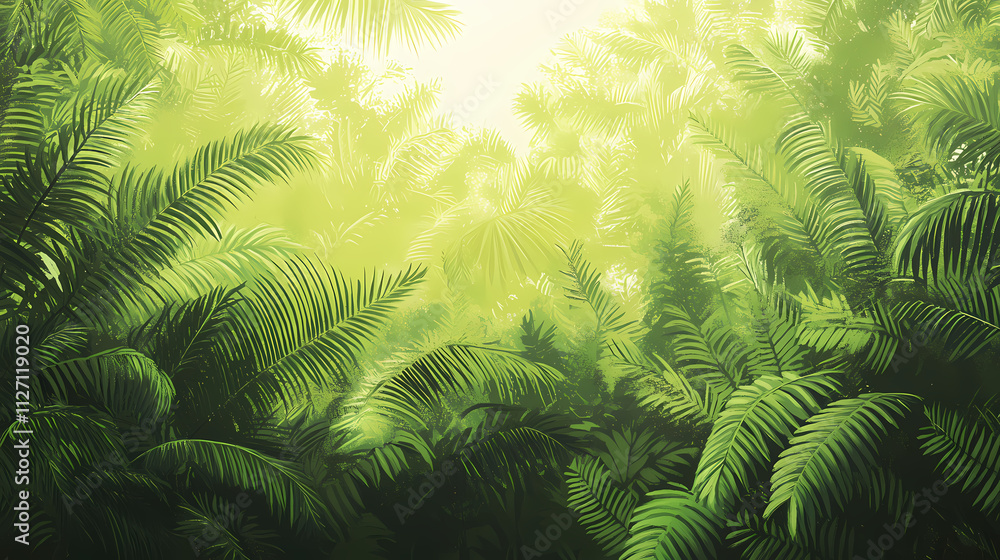 Vibrant green foliage of densely packed ferns and tropical leaves creates a lush, natural background with warm, soft lighting and subtle texture. Verdure. Illustration Vibrant green foliage of densely packed ferns and tropical leaves creates a lush, natural background with warm, soft lighting and subtle texture. Verdure. Illustration