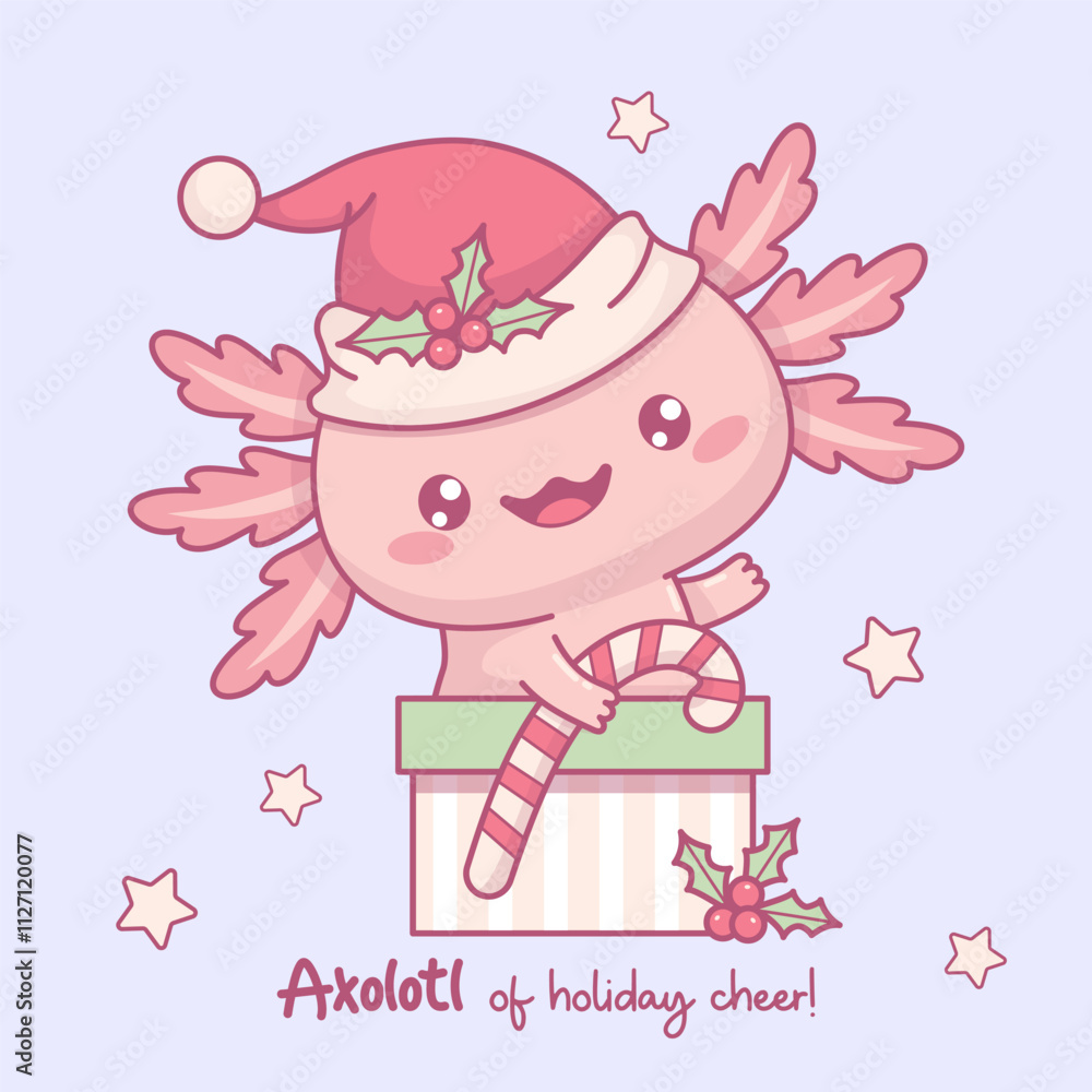 Cute happy Christmas Axolotl in festive gift box. Little cartoon pink kawaii character in Santa hat with striped caramel candy. Vector illustration. New Year funny postcard. Kids collection Cute happy Christmas Axolotl in festive gift box. Little cartoon pink kawaii character in Santa hat with striped caramel candy. Vector illustration. New Year funny postcard. Kids collection