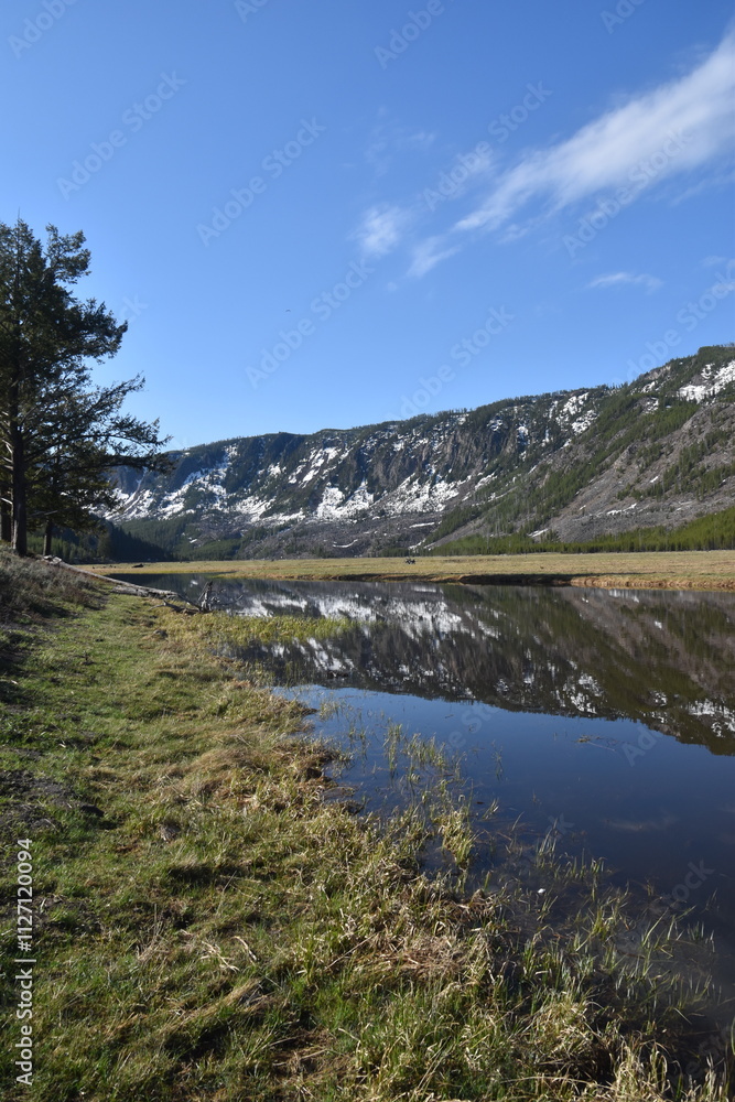 Fototapeta premium Stunning landscapes with old pine forests, rivers, valleys and waterfalls in Yellowstone National Park in Wyoming and Montana