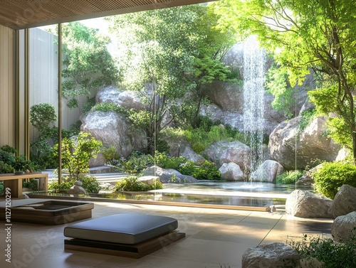 Serene indoor space, large window, rocks, waterfall, lush greenery. photo