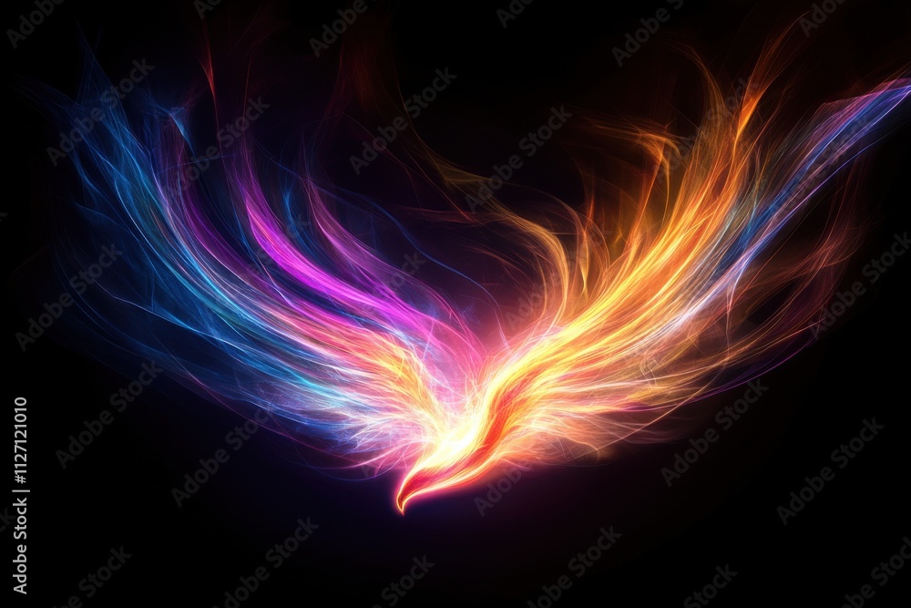 A vibrant, glowing phoenix rises, its fiery feathers radiating shades of orange, pink, and blue against a dark backdrop, symbolizing rebirth and transformation. A vibrant, glowing phoenix rises, its fiery feathers radiating shades of orange, pink, and blue against a dark backdrop, symbolizing rebirth and transformation.