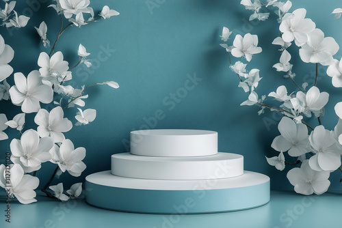 Empty product podium in flower style with flowers and plants for product presentation, Design template for mockup, 3d rendering illustration