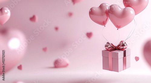 Pink heart balloons and gift box create a romantic atmosphere for celebrations and special occasions