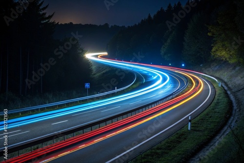a long-exposure photograph of a curving road at night