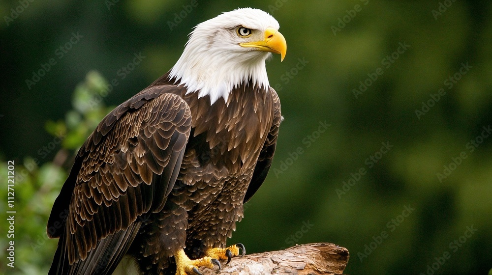 Bald eagle perched on branch in green forest Bald eagle perched on branch in green forest