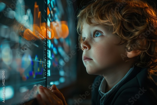 Child staring intently at interactive digital display, exploring technology and learning. photo