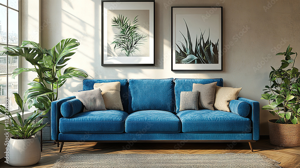 Chic interior design with a blue sofa in a clean, 3D-rendered living room Chic interior design with a blue sofa in a clean, 3D-rendered living room