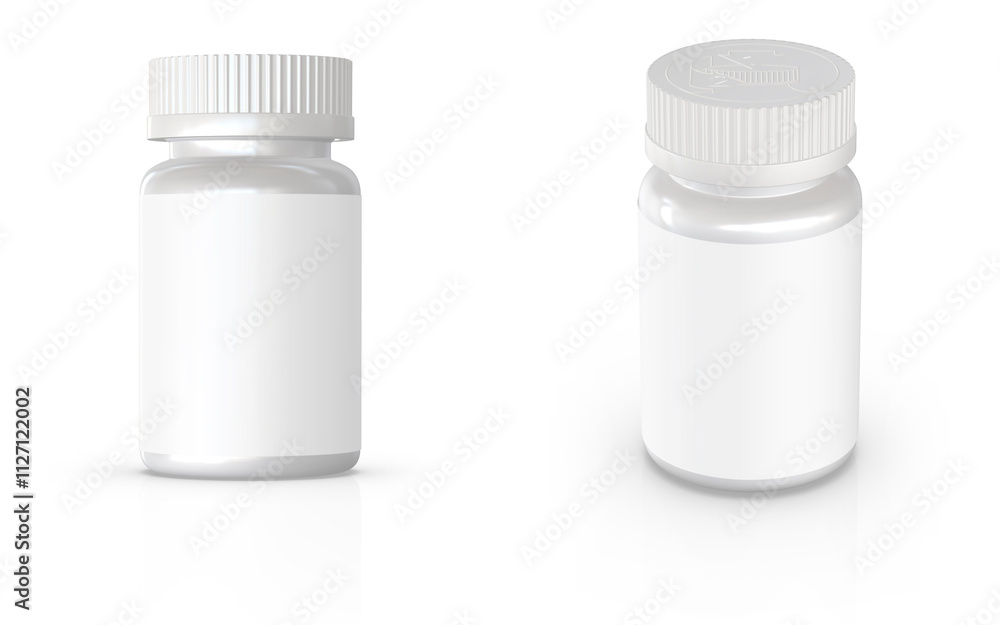 A 3D mockup of a small plastic bottle with a blank white label and a secure screw cap. 100 ml. A 3D mockup of a small plastic bottle with a blank white label and a secure screw cap. 100 ml.
