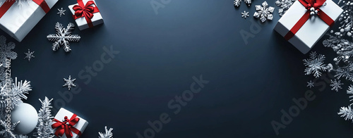 Festive arrangement of gifts and decorations for the holiday season on a dark background