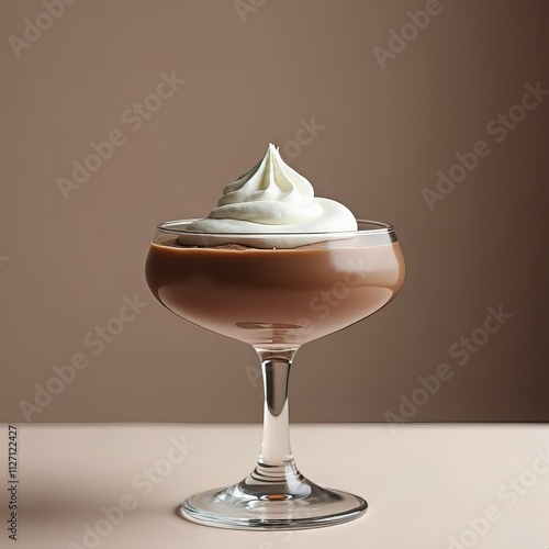 Mocha mousse color dessert with arranged white cream topping in a bowl standing on the table
