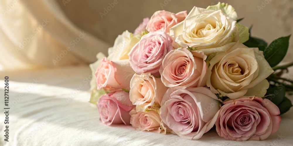 A bouquet of blush pink and cream roses on a delicate white background, capturing the soft beauty of nature's artistry A bouquet of blush pink and cream roses on a delicate white background, capturing the soft beauty of nature's artistry