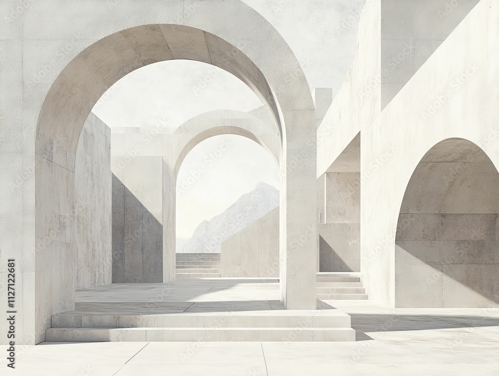 White stone arches, steps, minimalist structure, mountain view. White stone arches, steps, minimalist structure, mountain view.
