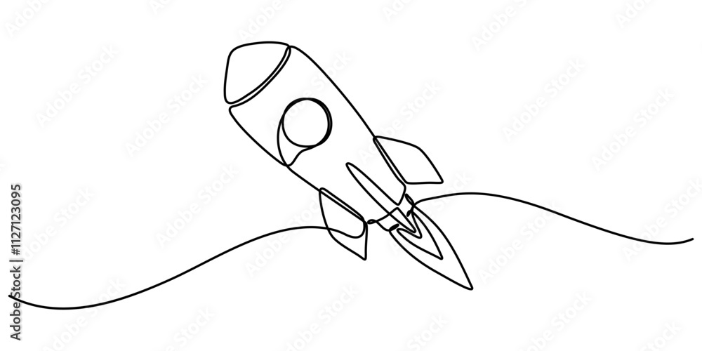 Obraz premium Continuous Line Drawing of Spaceship Icon. Hand Drawn Symbol Vector Illustration, Continuous one line drawing of rocket ship launch. One line drawing illustration of rocket. Space ship concept. 