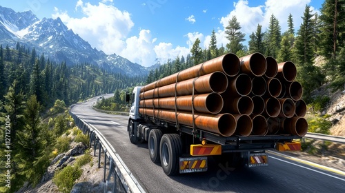 A white truck transports large metal pipes along a scenic mountain road, surrounded by lush green trees and bright blue sky.