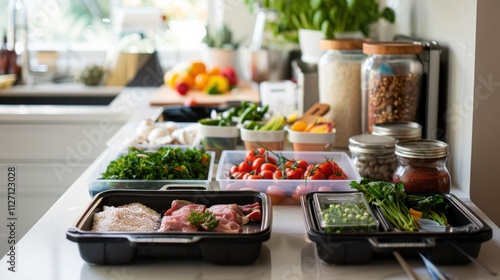 A keto meal kit assembly. on a kitchen counter. featuring prepped low-carb ingredients for easy cooking. Ideal for meal prep guides and ketogenic diet blogs photo