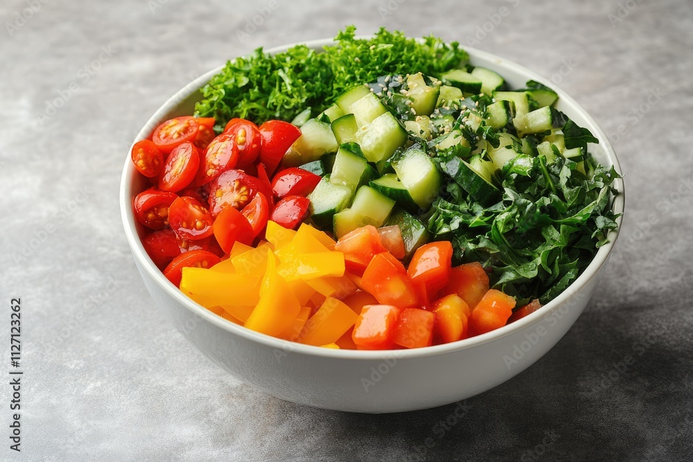A vibrant bowl of chopped vegetables, including kale, cucumbers, cherry tomatoes, bell peppers, and diced tomatoes. A vibrant bowl of chopped vegetables, including kale, cucumbers, cherry tomatoes, bell peppers, and diced tomatoes.