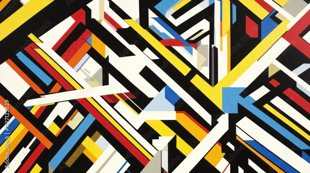 Abstract geometric composition featuring bold colors and intersecting lines. Abstract geometric composition featuring bold colors and intersecting lines.