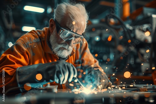 Elderly man welding with blue sparks in a workshop, showcasing craftsmanship and skill. photo