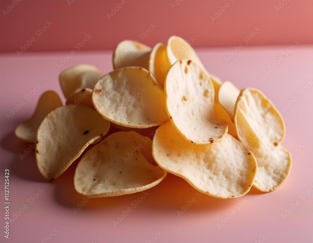 Crispy Potato Chips Snack Food Closeup Pink Background