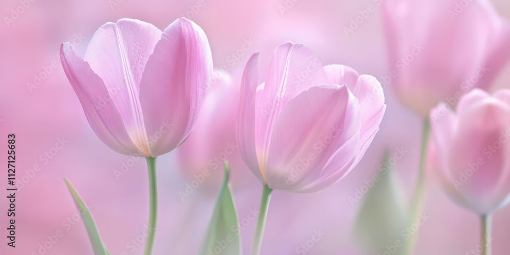 Obraz premium Soft-focus image of pastel pink tulips arranged in a delicate composition, set against a blurry background of light pink tones, creating an elegant floral aesthetic. Copy space