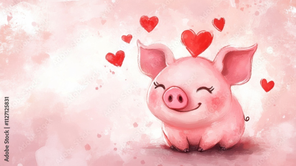 Cute pig character surrounded by floating hearts in playful design Cute pig character surrounded by floating hearts in playful design