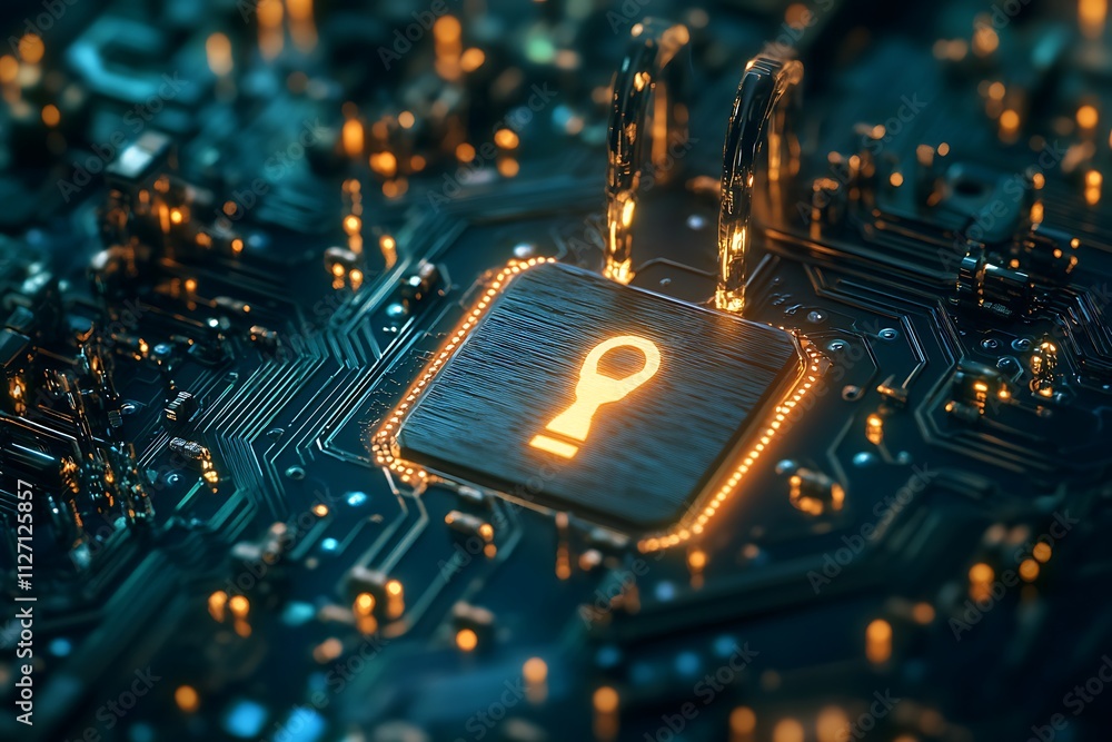 A digital lock symbol on a circuit board, representing cybersecurity and data protection. A digital lock symbol on a circuit board, representing cybersecurity and data protection.