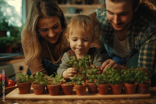 Family bonding time as they nurture small plants in pots together.