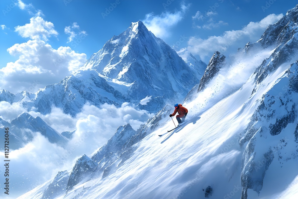 Dynamic scene of a skier wearing ski gear and winter clothes skiing down a beautiful, high snowy mountain with lots of snow. Dynamic scene of a skier wearing ski gear and winter clothes skiing down a beautiful, high snowy mountain with lots of snow.
