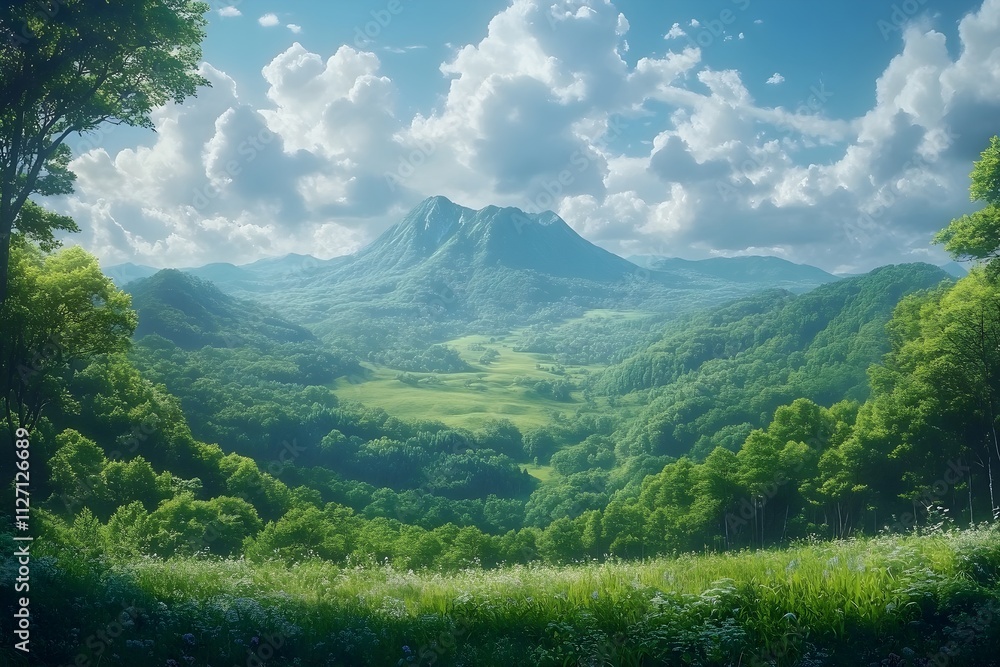 Obraz premium A beautiful open natural landscape aerial view of a wide, tall forest with blue sky and clouds, lots of lush green trees, and mountains in the distance.