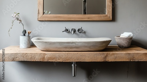 Modern bathroom sink with a wooden countertop and stylish decor.