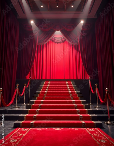 A red carpet staircase leads to a stage, bathed in spotlights.  The scene is elegant and evokes a sense of anticipation and success.