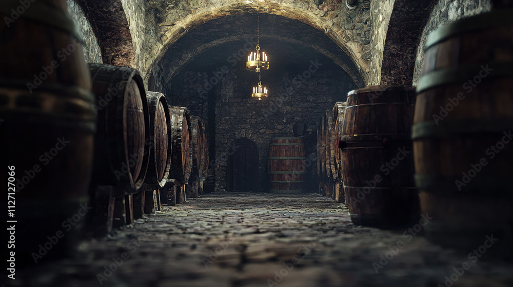 Oak wine barrels in old dark wine cellar Oak wine barrels in old dark wine cellar