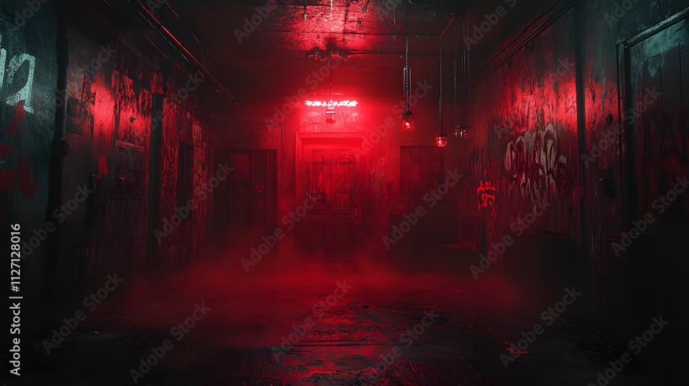 A crimson mist shrouds a dimly lit basement, with graffiti on the walls adding a touch of urban decay. The atmosphere is eerie and mysterious, drawing the viewer into a hidden world of forgotten art a A crimson mist shrouds a dimly lit basement, with graffiti on the walls adding a touch of urban decay. The atmosphere is eerie and mysterious, drawing the viewer into a hidden world of forgotten art a