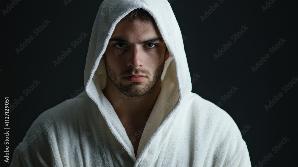 Intense expression of a man in a white robe against a dark background Intense expression of a man in a white robe against a dark background