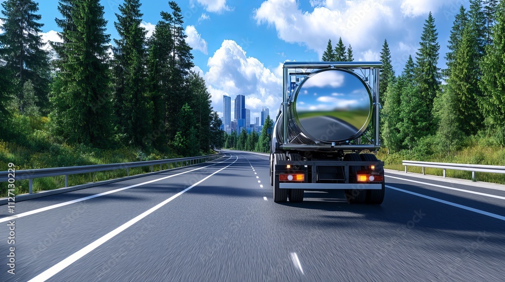 A large tank truck driving on a highway surrounded by lush greenery and a distant city skyline under a bright blue sky. A large tank truck driving on a highway surrounded by lush greenery and a distant city skyline under a bright blue sky.