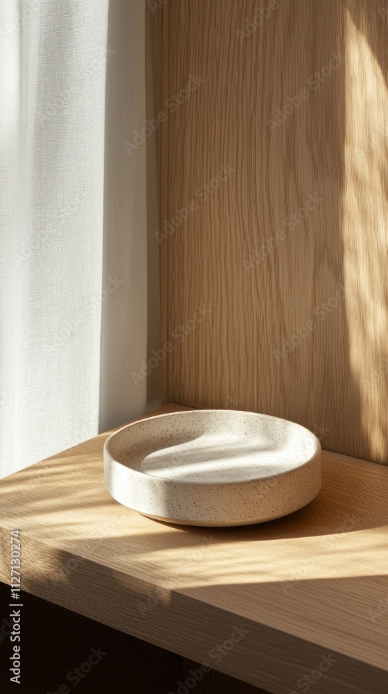 A simple, round ceramic dish rests on a wooden shelf, illuminated by soft natural light. A simple, round ceramic dish rests on a wooden shelf, illuminated by soft natural light.