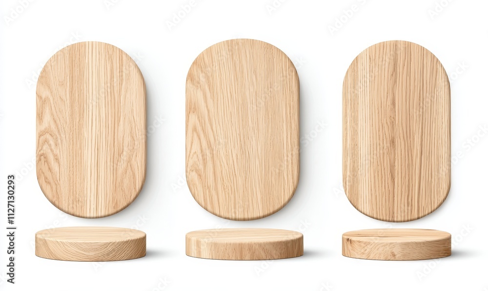Three-dimensional product display on brown wooden podium. High and small platforms with wood texture for natural goods. A realistic mockup of a presentation pedestal with no products. Three-dimensional product display on brown wooden podium. High and small platforms with wood texture for natural goods. A realistic mockup of a presentation pedestal with no products.
