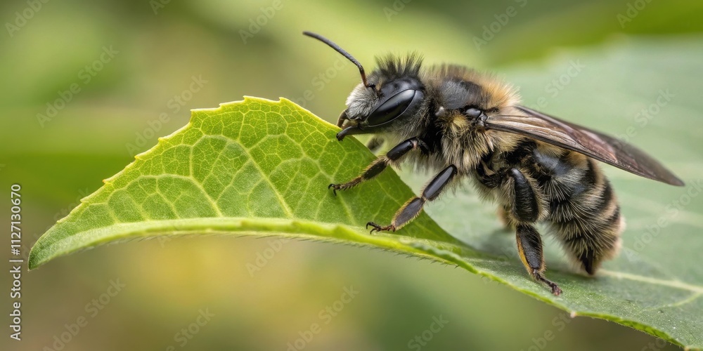 A fuzzy, black and yellow bee with long antennae, perched on the edge of a green leaf, its legs gripping the surface with a confident grip. A fuzzy, black and yellow bee with long antennae, perched on the edge of a green leaf, its legs gripping the surface with a confident grip.