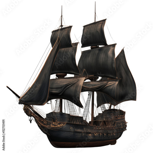 a black pirate ship with sails 3d render icon isolated on transparent background cutout
