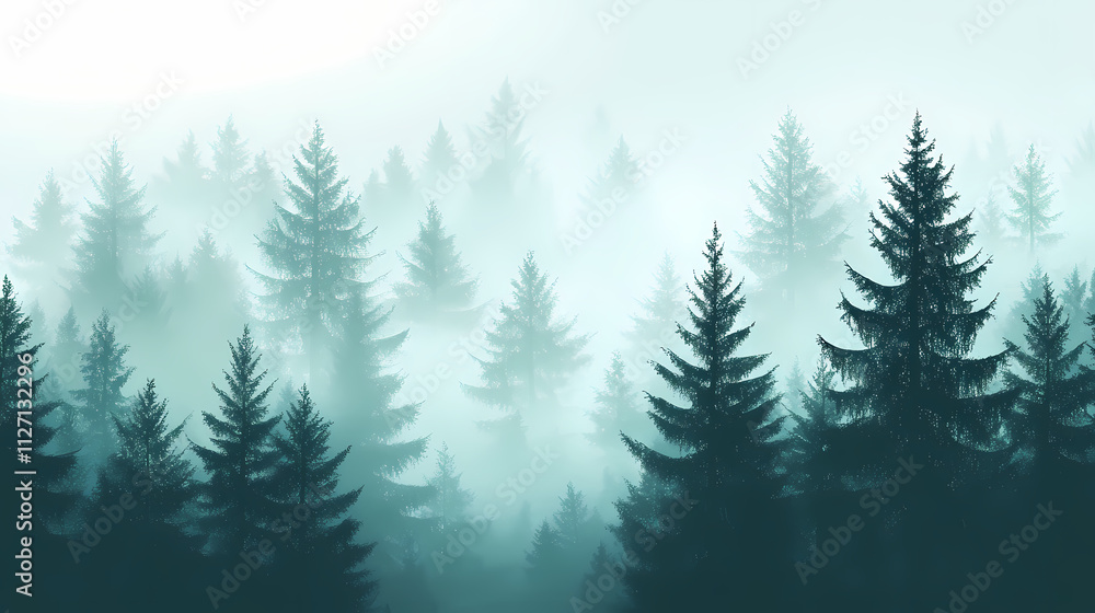 Fototapeta premium Serene misty forest with tall trees shrouded in fog, creating a peaceful and mysterious natural landscape. Verdure. Illustration