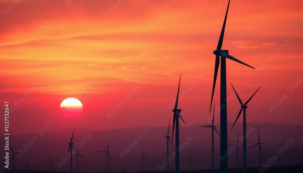 Obraz premium Vibrant Sunset Over Wind Farm Renewable Energy Landscape