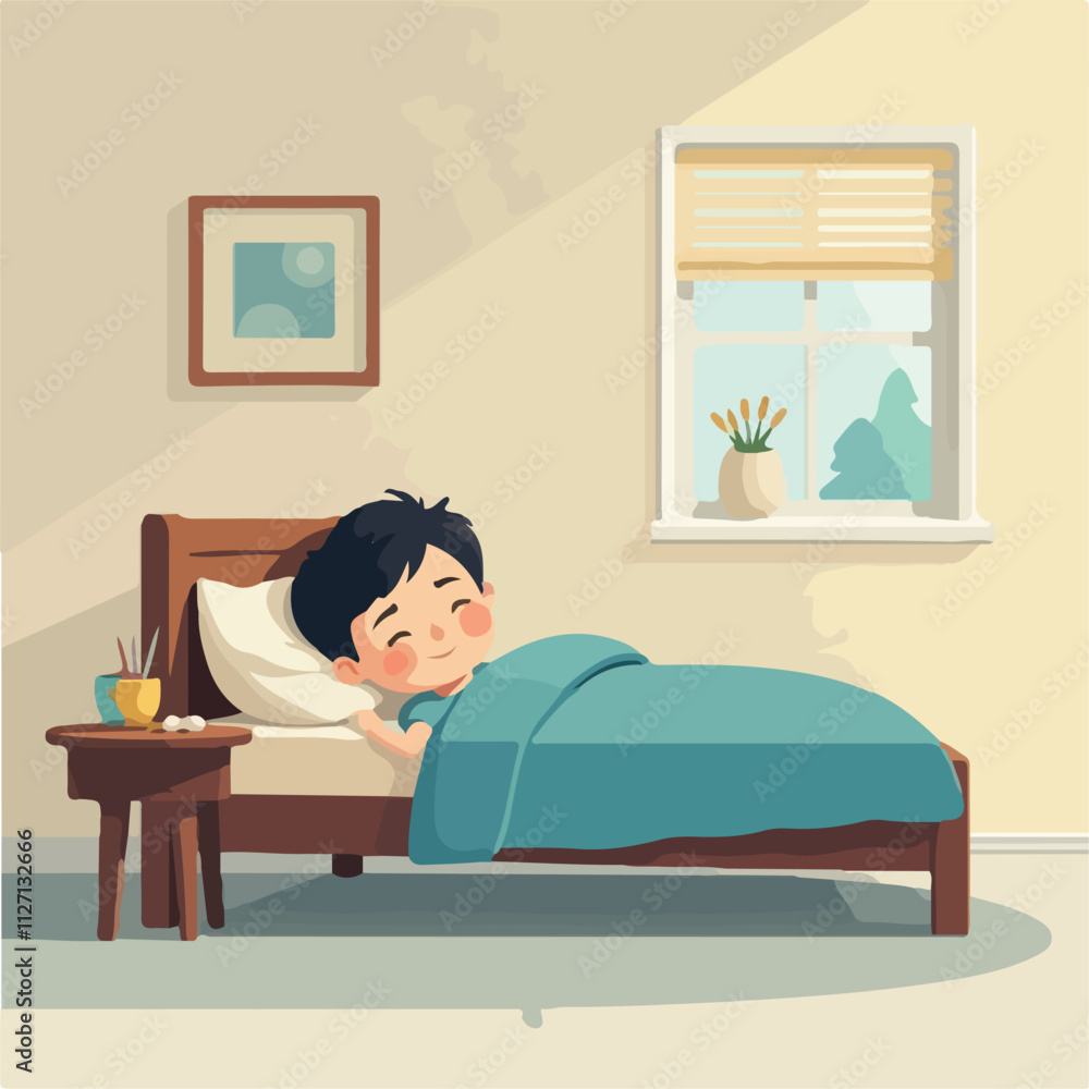 Kids Sleeping illustration vector design, Boy Sleeping in bedroom, Logo and Icon design