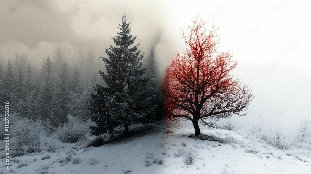 Contrasting winter trees, snowy landscape, fog. Contrasting winter trees, snowy landscape, fog.