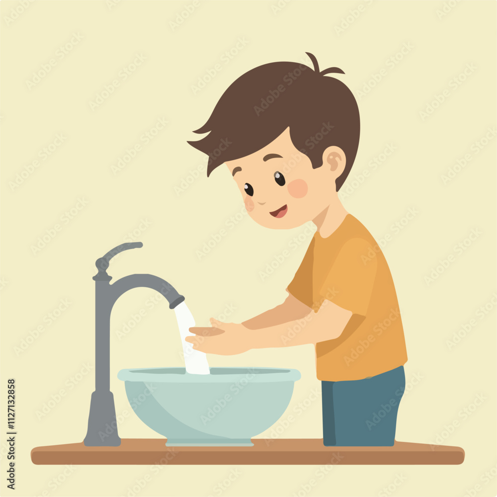 Kids hand washing illustration vector design, Boy Washing Hand in basin Kids hand washing illustration vector design, Boy Washing Hand in basin