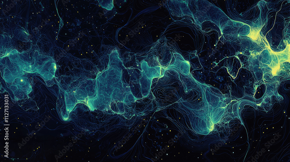 Cosmic flow of energy: abstract dark background with intricate blue and green patterns for design and inspiration Cosmic flow of energy: abstract dark background with intricate blue and green patterns for design and inspiration