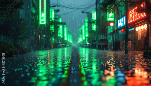 Cinematic cyberpunk neon light night city background, green rainy neon Tokyo Road, neon Tokyo, rainstorm, cozy rain atmosphere, Bladerunner, ambient light, futuristic background wallpaper
