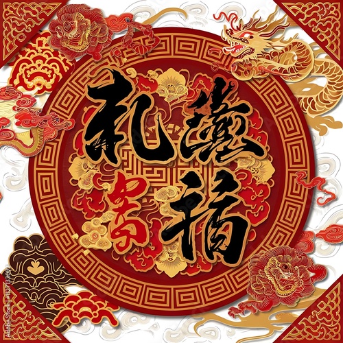 Festive Chinese New Year Design Featuring Dragons and Calligraphy photo