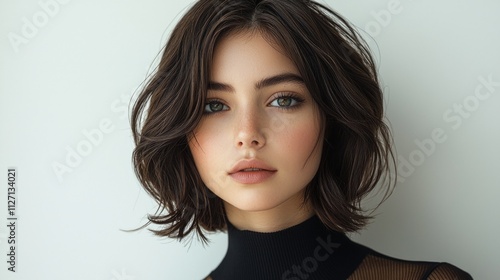 refined portrait captures woman stylish multi layered bob haircut boasts depth and volume complemented elegant makeup enhances her features beautifully. photo