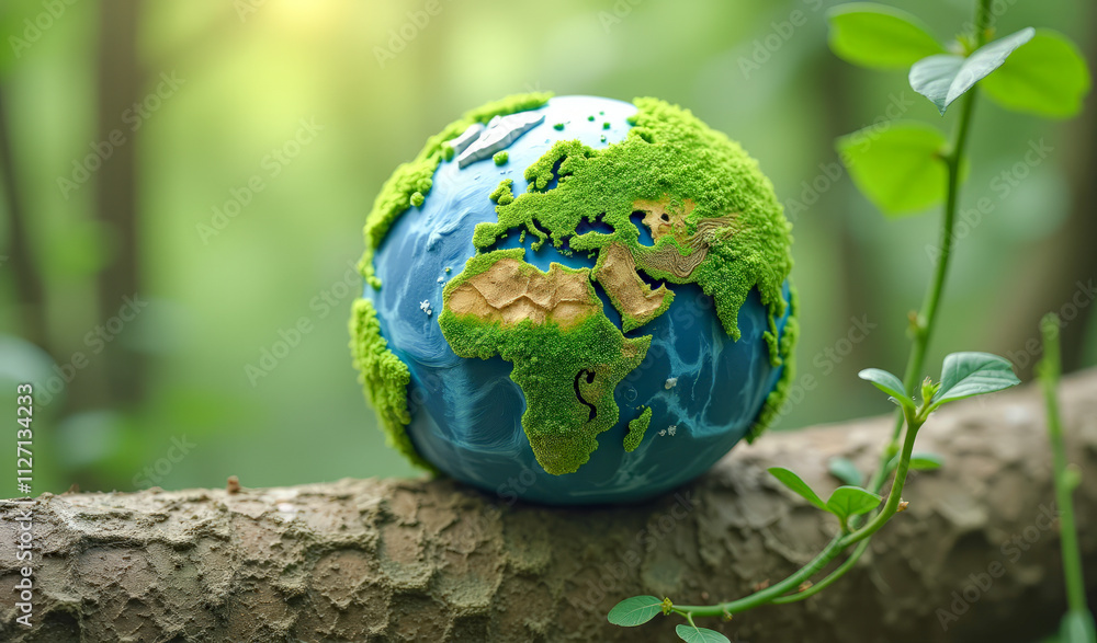 a model of the planet Earth with forests and seas on the background of a green forest, the concept of protecting the environment and peace a model of the planet Earth with forests and seas on the background of a green forest, the concept of protecting the environment and peace