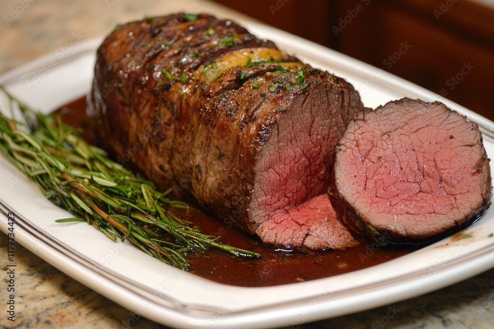 Roasted Beef Tenderloin Sliced with Rosemary Garnish Roasted Beef Tenderloin Sliced with Rosemary Garnish
